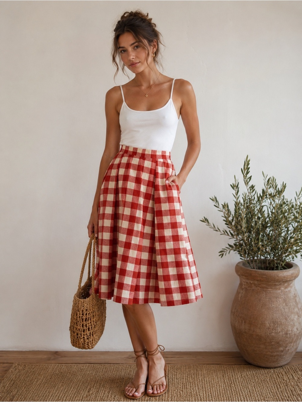 C. Luce Red & White Gingham Plaid A-Line Skirt Cottagecore Picnic NWT Small